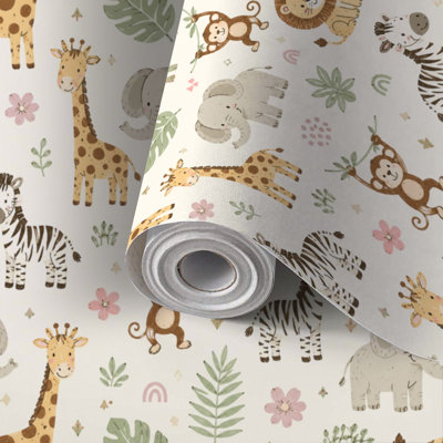 Peel and Stick Wallpaper Contact Paper Cute african animals set Elephant giraffe zebra lion tiger toucan Self Adhesive and Removable 24in x 118in(60x300cm)