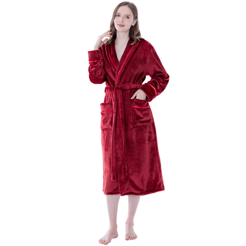 Peignoir mi-mollet en molleton avec poches, Vin, 2TG