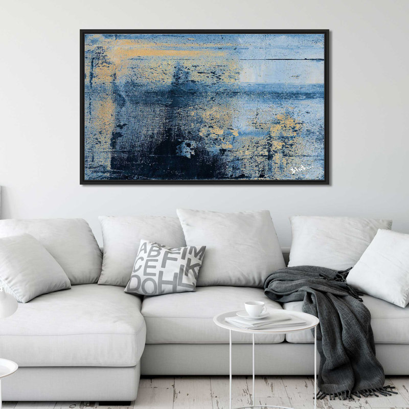 «Gold on Blue Squarel II», reproduction sur toile flottante, H 21,5 po x l 33,5 po x P 2 po, Cadre flottant noir
