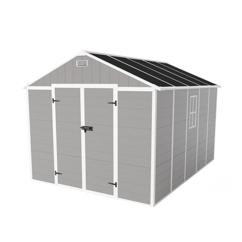 Campcraft 8*10Ft Resin Storage Shed, High Quality Pp Material, Strong Structure, Waterproof, Rust And UV Proof, Large Storage Space, 12Mm Thick Pp Board, HD Window Lighting