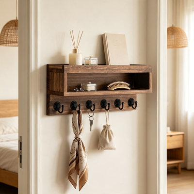 Porte-clés mural et boîte aux lettres avec boîte de rangement longue et 6 crochets, organisateur d'entrée pour manteau, laisse pour chien, lunettes de soleil et articles essentiels quotidiens, porte-clés en bois rustique pour la décoration intérieure