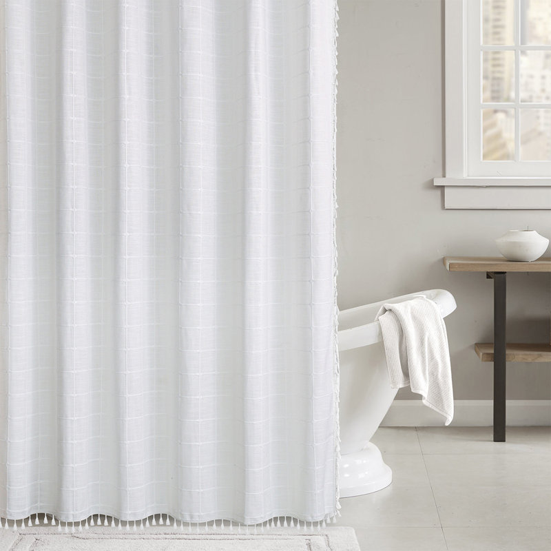 Boho Waterproof Plaid Shower Curtains with Tassel for Bathroom, White