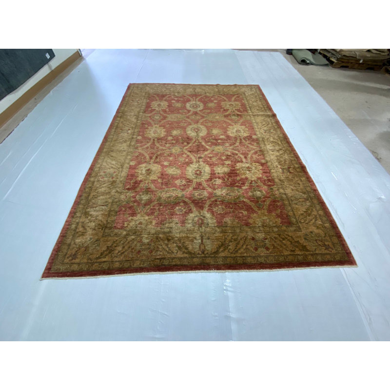 Tapis unique noué à la main en rouge / or / vert / beige 7 pi 1 po x 9 pi 4 po