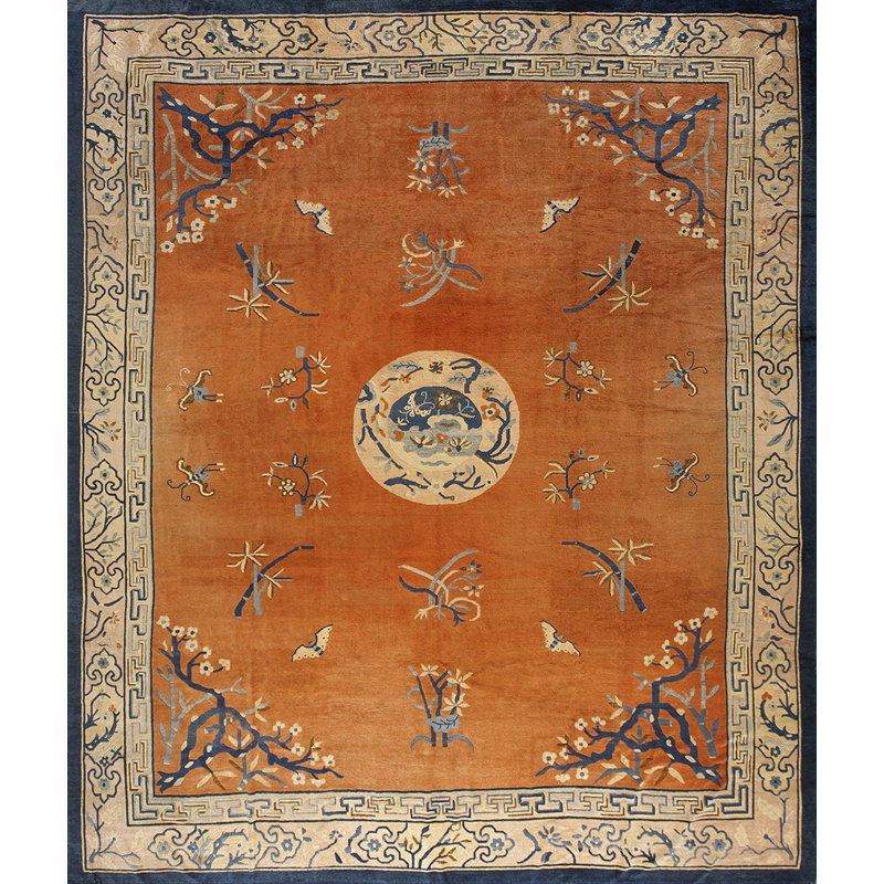 Antique Peking Room Size Wool Coral / Salmon, Ivory Beige Cream White Rug