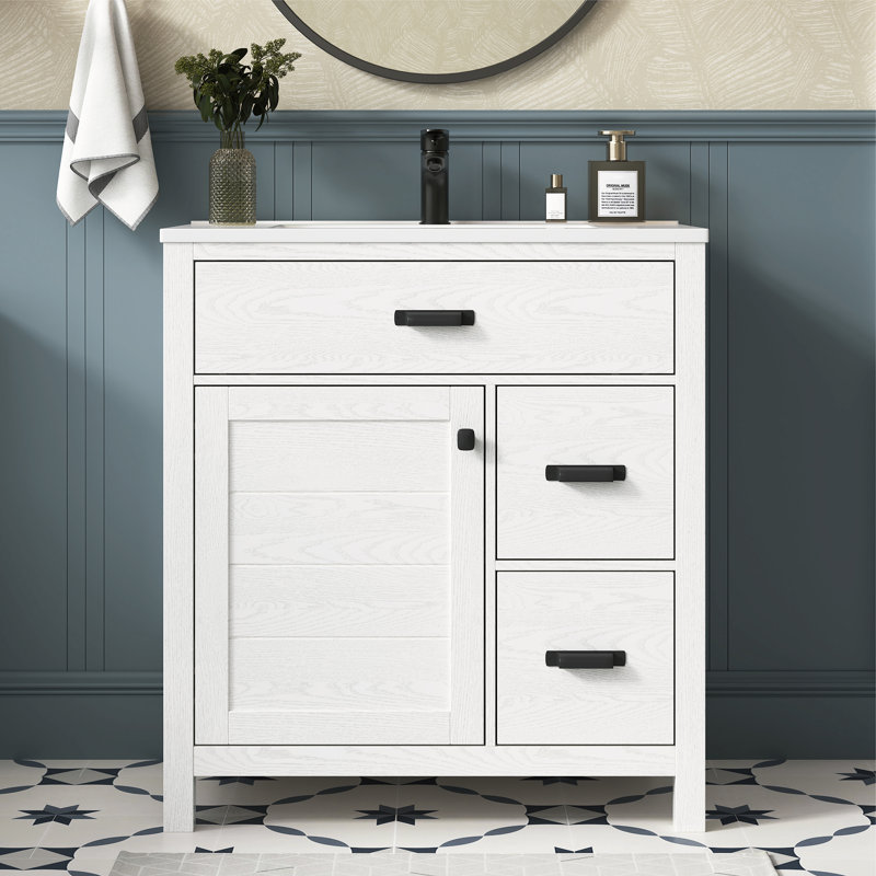 Adria 30" Freestanding White Single Sink Bathroom Vanity With Solid Surface Composite Top, White