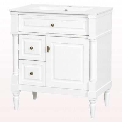 30" Bathroom Vanity With Sink, White Freestanding Bathroom Cabinet With Flip Drawer & Adjustable Shelf, Solid Rubberwood Frame, MDF Panels & Metal Handles