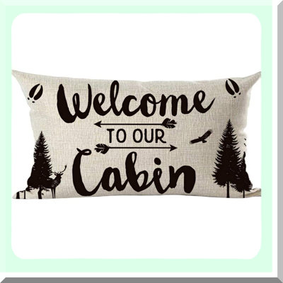 Forest Retreat Arrow Decor Lumbar Pillow Cover - Black Word Art Welcome to Our Cabin Design with Pine Trees, Deer, and Eagle - Cotton Linen Case for Home Living Room, Bed, Sofa, Car