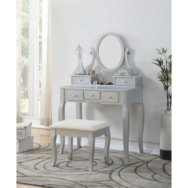 Ashley Wood Make-Up Vanity Table And Stool Set, Silver