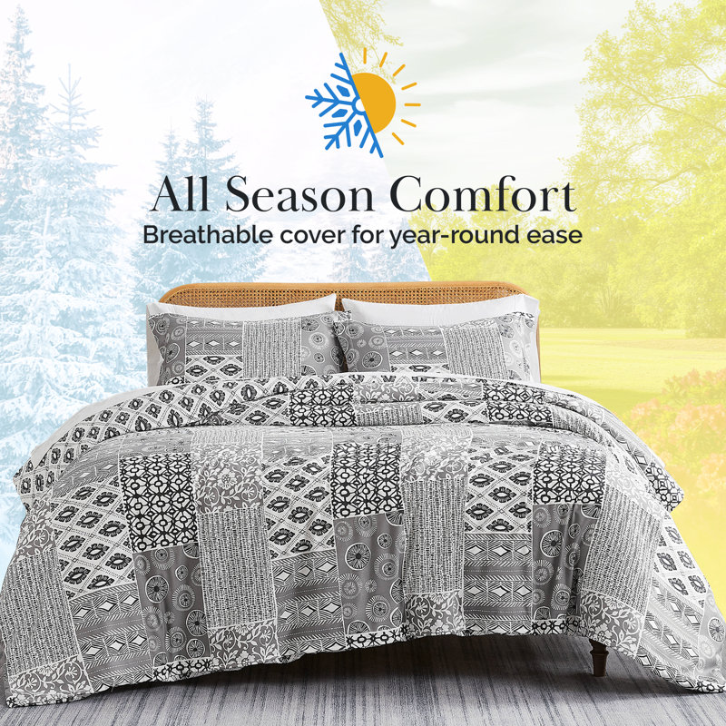 Ensemble de housse de couette réversible en microfibre Global Patchwork Collection, Gris