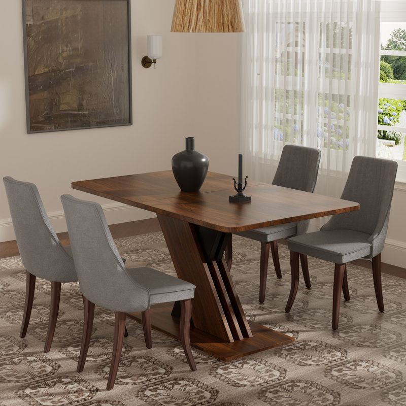 Ensemble de salle à manger rectangulaire à piédestal avec tissu en rayonne, Brun, 5, Gris
