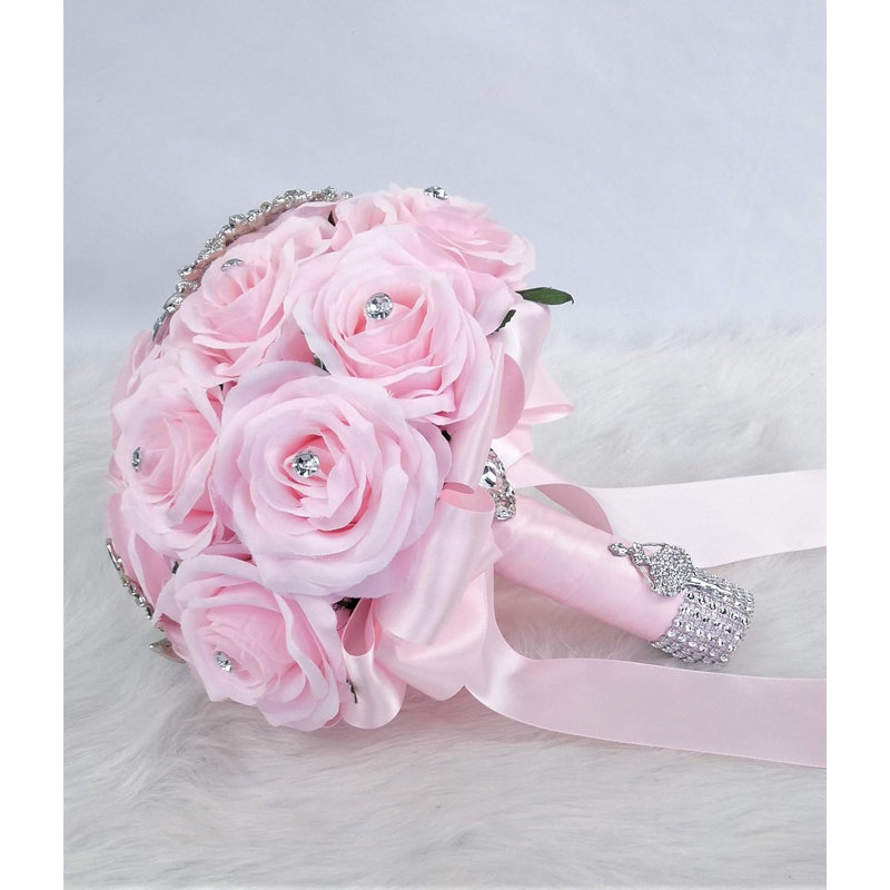 Artificial Silk Roses Wedding Bouquet with Ribbons and Rhinestone , Pink
