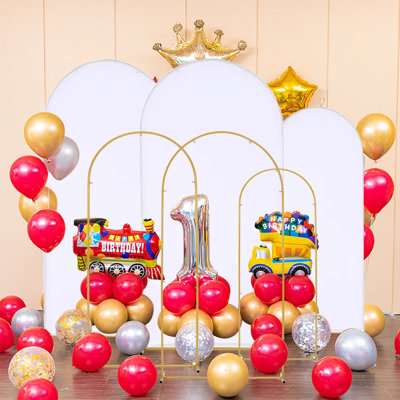  Metal Backdrop Stand  and Cover Set 3, Gold Wedding Arch With 3 White Spandex Arch Backdrop Cover for Birthday, Party, Baby Shower, Ceremony Decor(4.9ft,5.9ft,6.6ft)