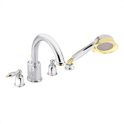 Castleby Two Handle Roman Tub Faucet with Built In Diverter in Chrome with Polished Brass