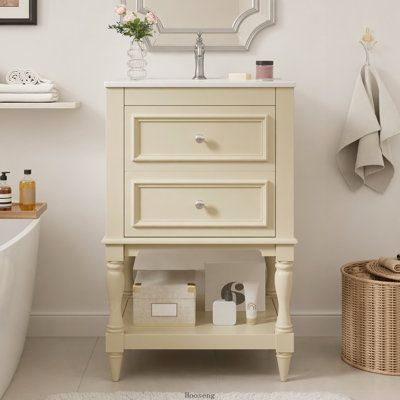 Meuble-lavabo de 20 po avec lavabo en céramique, armoire de rangement avec tablette ouverte, armoire de salle de bain rétro avec 2 tiroirs