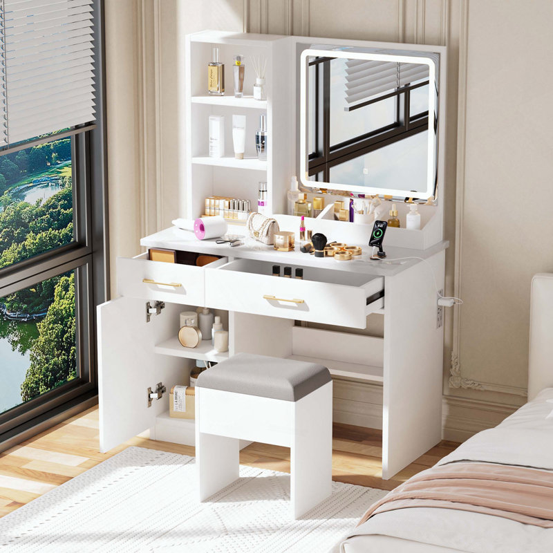 Bureau de maquillage avec lumières DEL, prise de courant, 3 modes d'éclairage et tabouret de rangement