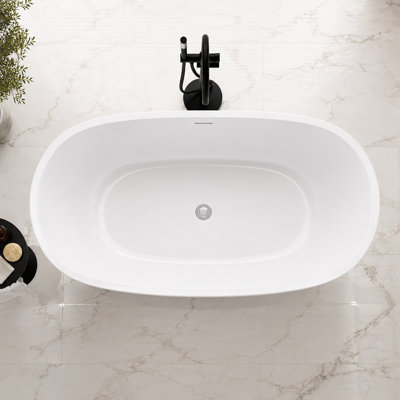 Baignoire autoportante ovale en acrylique de 65 po, baignoire de luxe symétrique en forme d'œuf avec trop-plein rainuré et bonde centrale, disponible en plusieurs couleurs