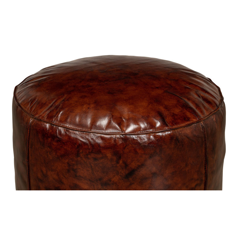 Round Pouf, Brown Genuine Leather