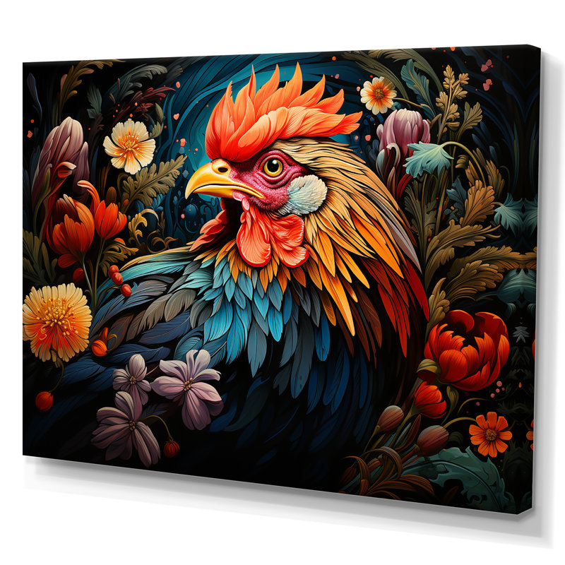 Coq coloré, prairie florale - coq animal, art mural, Toile tendue, H 24 po x l 32 po x P 1 po