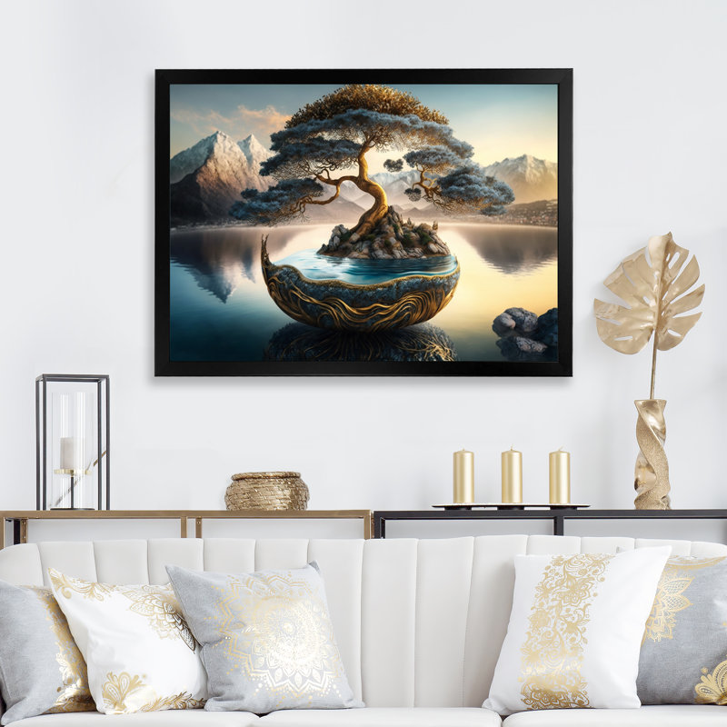 Golden Bonsai Tree - Art mural sur toile Bonsai, Cadre simple noir, H 24 po x l 32 po x P 1 po