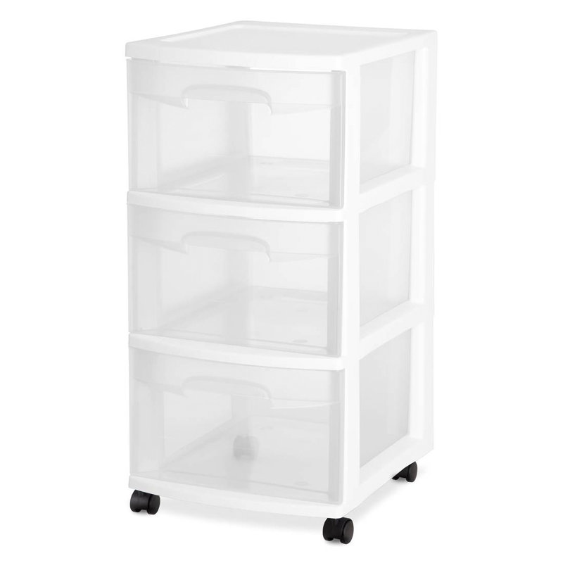 Sterilite 3 Drawer Storage Cart, Plastic Rolling Organizer with Wheels, White