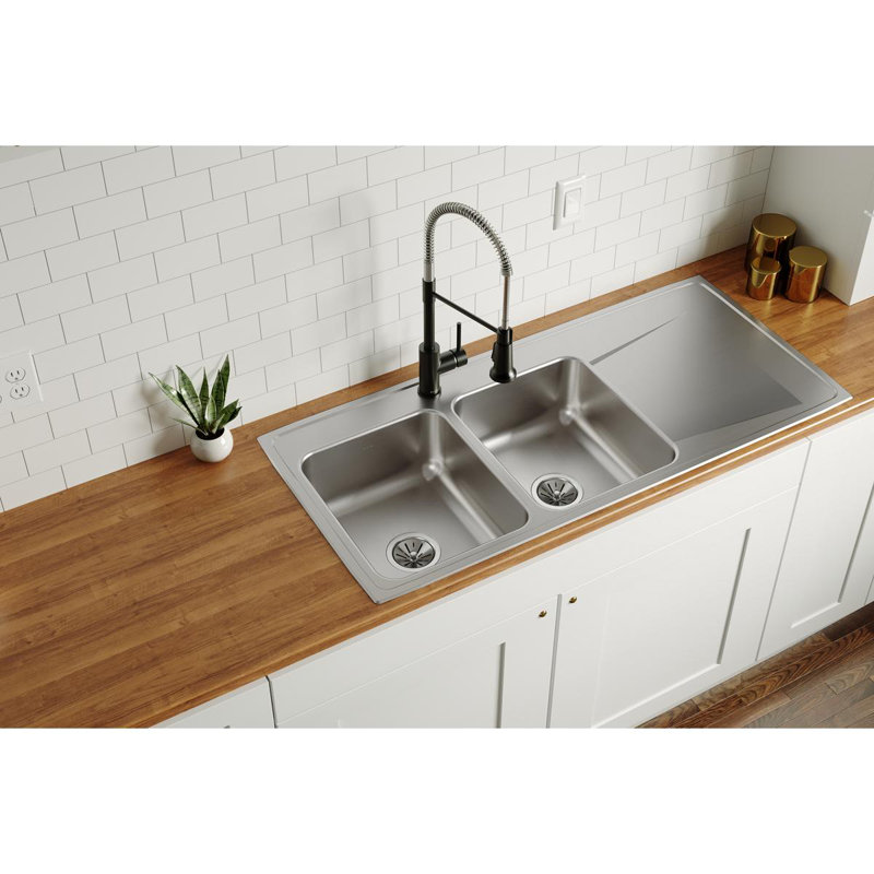 Lustertone 48" L x 22" W Double Basin Drop-In Kitchen Sink, Lustrous Satin