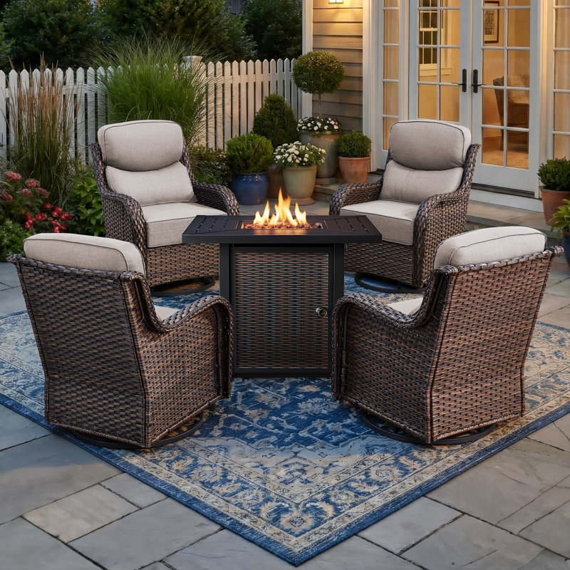 4 - Person Patio Furniture Chair Set With Fire Pit Table, 4 Swivel Glider Chairs With 6-Inch Cushions, Beige, Brown