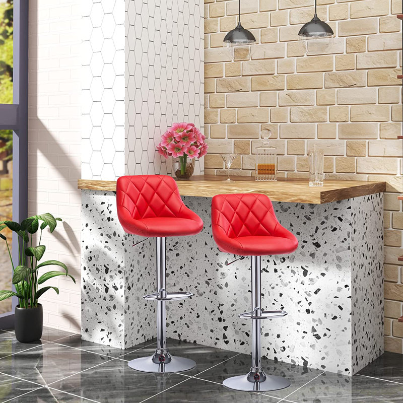 Swivel Upholstered Adjustable Height Counter Stool with Metal Frame, Red, 2