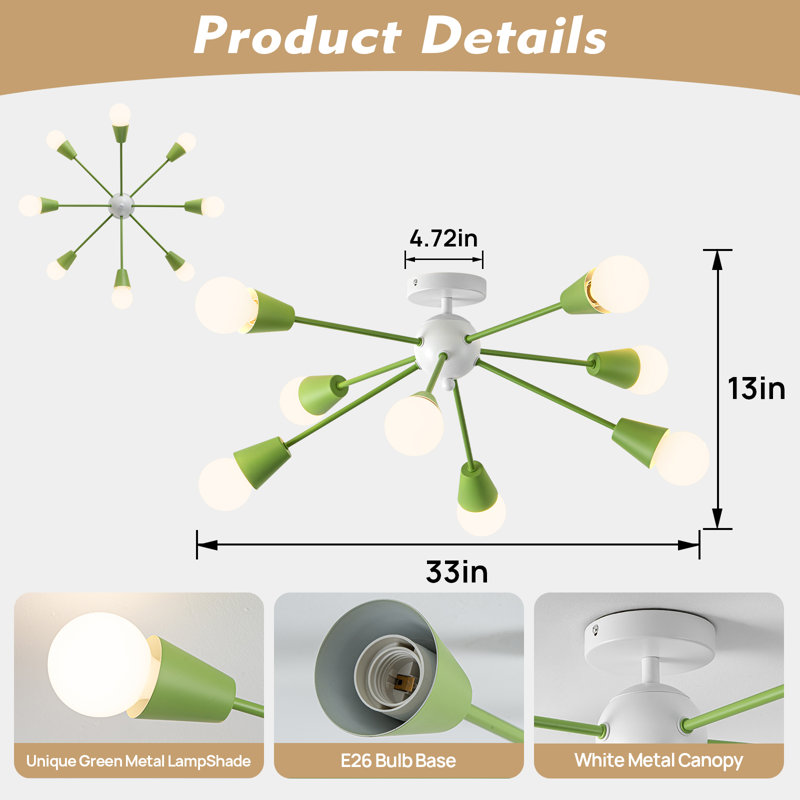 8-Light Green Sputnik Ceiling Light Fixture, Green, 8