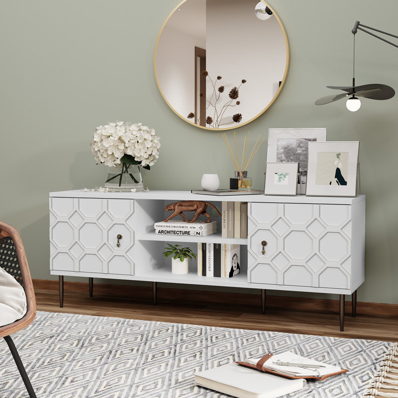 Contemporary TV Stand for 55-75 Inch TVs, Entertainment Center with Storage Cabinets and Open Shelves, Textured Pattern Console for Living Room