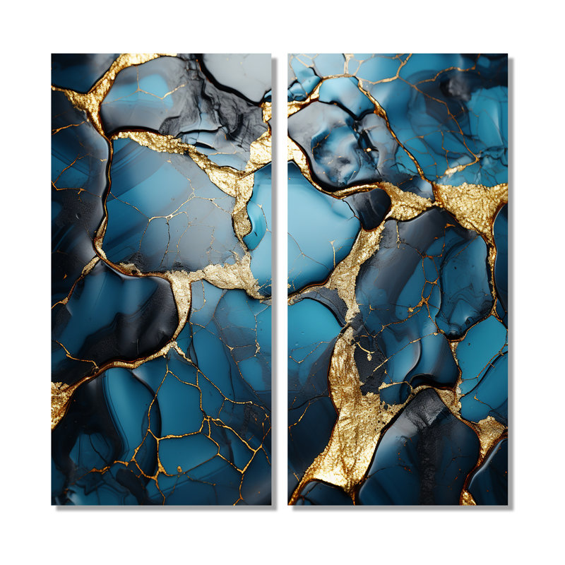 Agate mosaïque en marbre doré et bleu II - décoration murale moderne, 32" H x 32" W, Wrapped Canvas, Does Not Apply