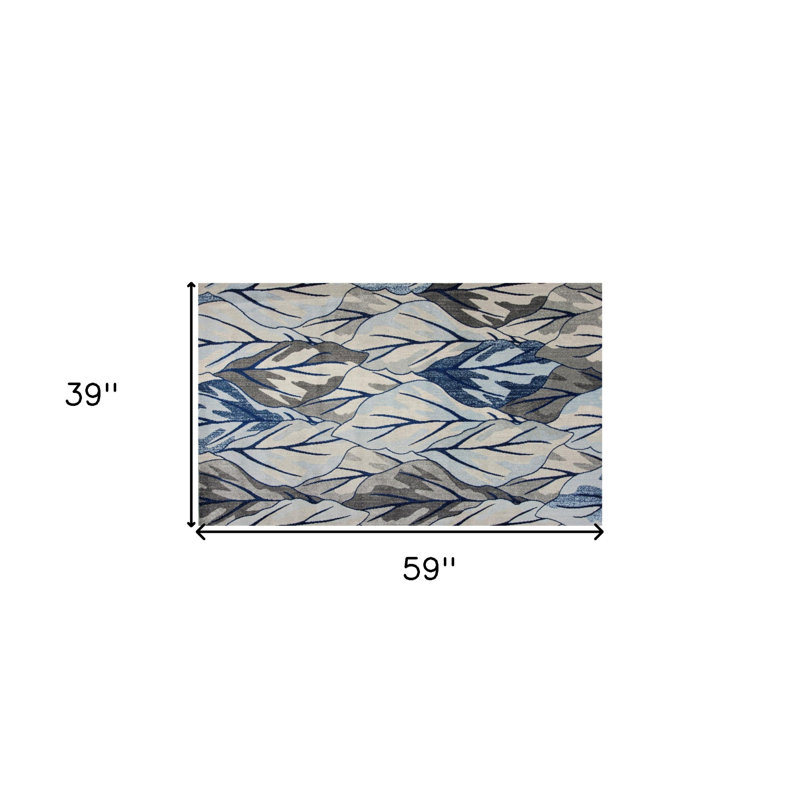 Tapis gris et bleu marine 3 pi x 5 pi à feuilles botaniques