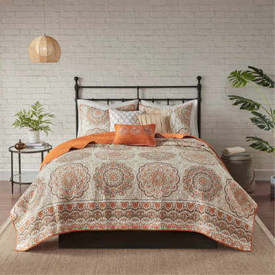 Ensemble de courtepointe réversible 6 pièces avec coussins décoratifs orange double / grand