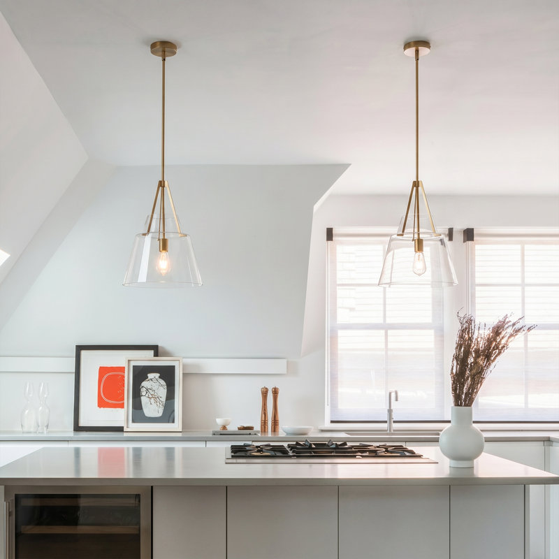 Luminaire suspendu simple en verre brossé 1 lumière avec abat-jour conique transparent et tige réglable
