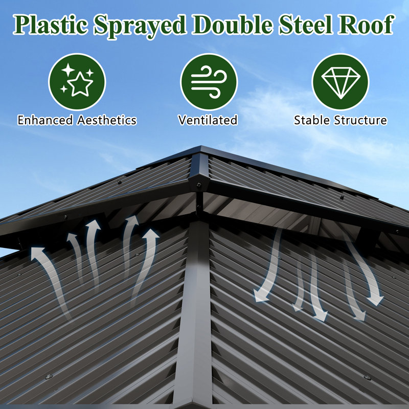 12 ft. W x 10 ft. D Outdoor Patio Wood Gazebo, Heavy-duty Galvanized Steel Hardtop Aluminum Gazebo with Netting & Curtains
