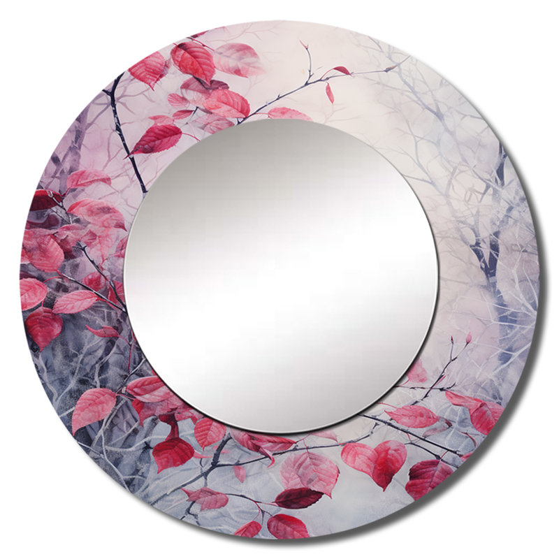 Romesa Leaves Charm In Moody Overcast I - Leaves Wall Mirror, Traditional Round Decorative Mirror, Printed Metal Art