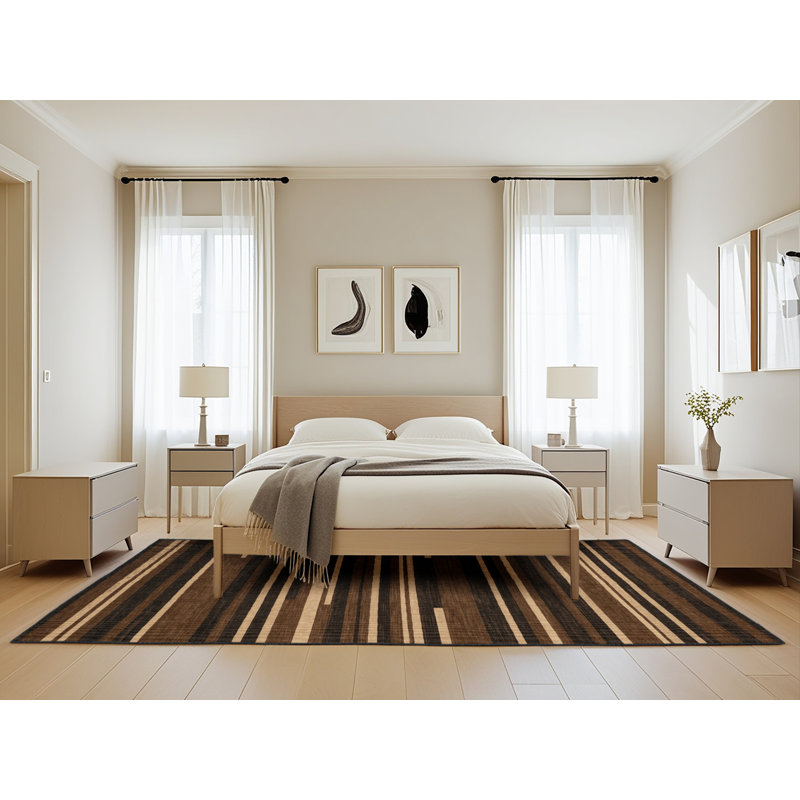 Machine Washable Horizontal Stripes Brown Area Rug, Rectangle 5' x 8'