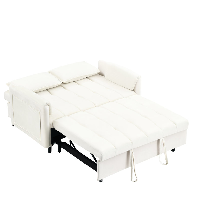 Lit moderne beige de 52 po, convertible 3 en 1 pour l'espace de vie, la chambre d'amis, la chambre, avec coussins, poches, rembourrage en éponge, structure en bois massif, décoration intérieure en velours, rembourrage et structure à panneaux en bois