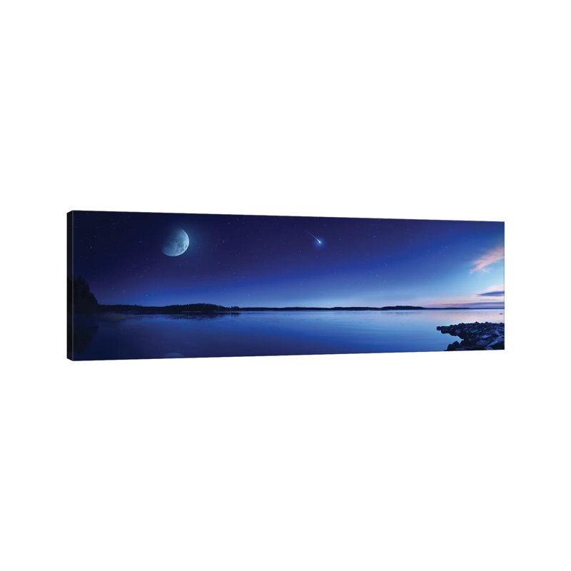 Tranquil Lake Against Starry Sky, Moon and Falling Meteorite, Finland III 1 Piece Wrapped Canvas Panoramic Painting