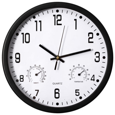 Ebern Designs 12-inch Non-ticking Quartz Wall Clock With Thermometer & Hygrometer - Battery Operated Plastic Analog Clock For Temperature & Humidity Monitoring - Ideal For Home, Office Or School, Black