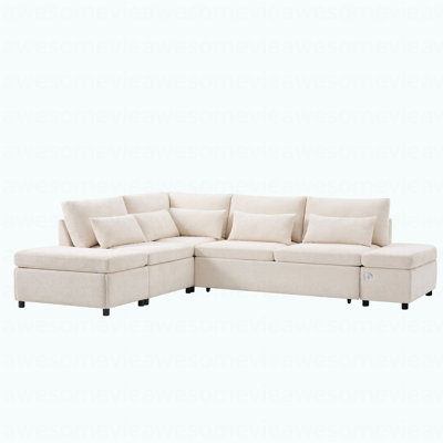 Modern 107'' Sectional Sleeper Sofa Bed With Pull Out Couch, L-Shaped With Adjustable Armrest, USB&Type-C Charging, Free Movement Storage Ottoman, Free Combination For Living Room&Apartment, Chenille