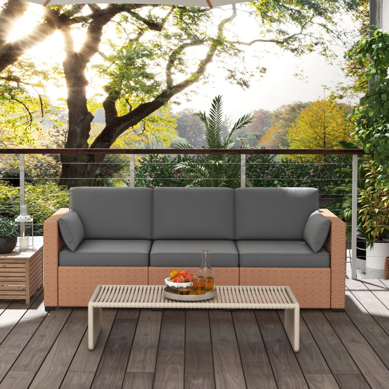 Outsunny Wicker Patio Couch, Pe Rattan 3-Seat Sofa, Outdoor Furniture With Deep Seating, Cushions, Steel Frame, Sand, Outdoor Patio Sofa