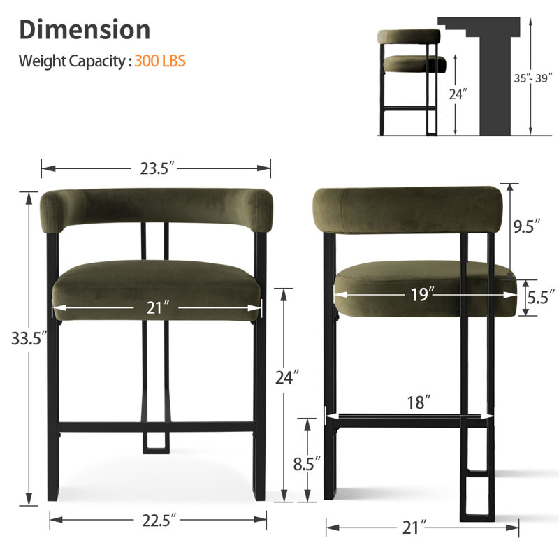 24" Upholstered Velvet Arm Counter Stool (Set Of 2), Olive Green