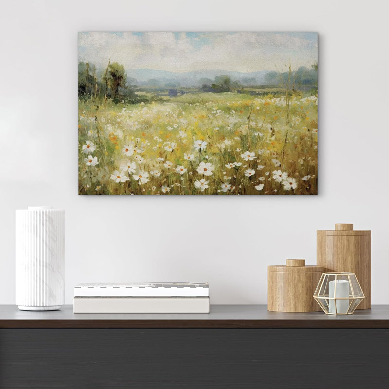 «Vibrant Wildflower White Daisy Flowers Meadow», impression sur toile, Toile tendue, H 24 po x l 36 po, No Frame
