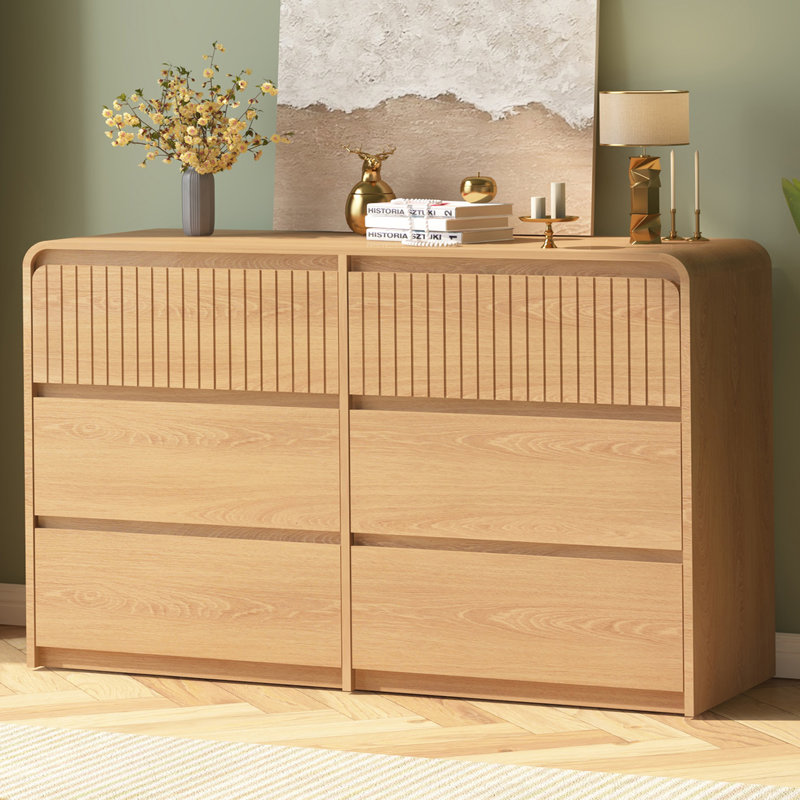 Modern 6 Drawer Dresser For Bedroom, 48" Large Wide Chest Of Drawers, Wooden Dresser Closet Organizers W/Storage Drawer & Curved Profile Design,TV Stand For Living Room, Hallway, Natural