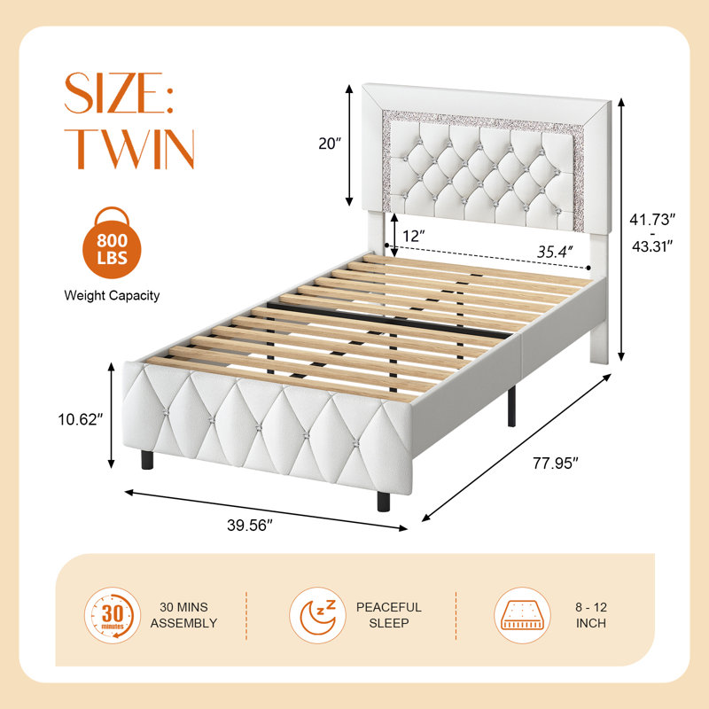 Alber Faux Leather Diamond Tufted Platform Bed - Headboard Included, Twin, White