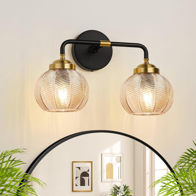 Luminaires de salle de bain, 3 lumières de meuble-lavabo transparentes avec abat-jour en verre à texture de feuille unique, lampe de salle de bain moderne noir mat et doré pour armoire de couloir à miroir