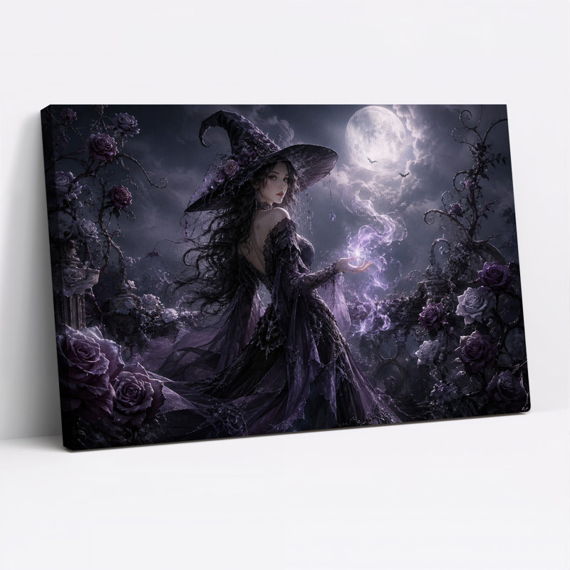 «Witch Casting», magie mauve sous la pleine lune avec toile d'Halloween, H 24 po x l 36 po
