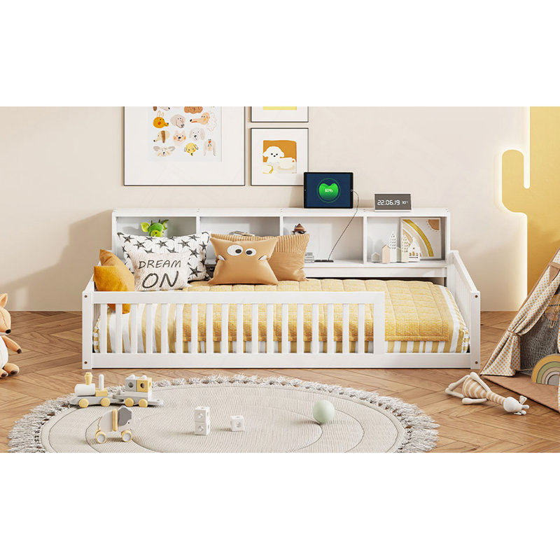 Lit en bois avec armoires de rangement et ports USB