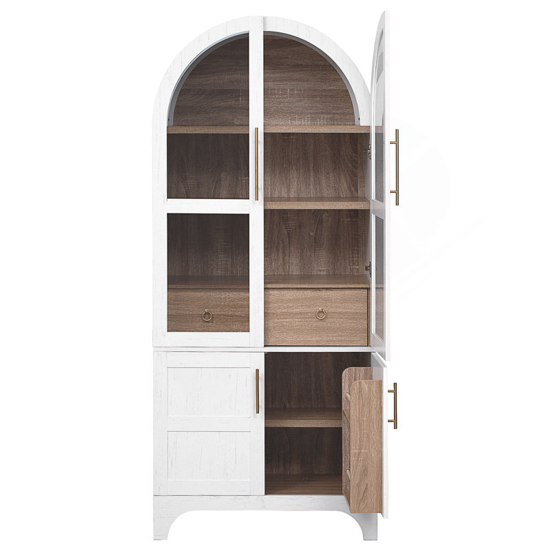 Grand garde-manger arqué de 71 pouces avec tablettes réglables, tiroir caché et porte vitrée pour un rangement efficace et une conception élégante