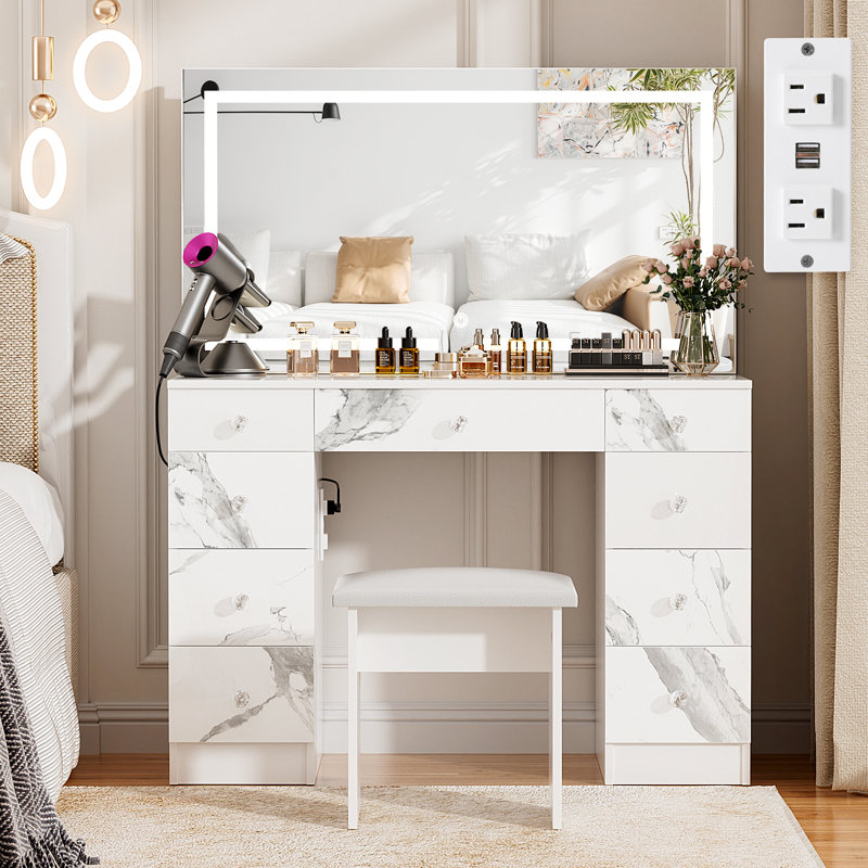 Greyden Vanity Set With LED Mirror & Power Outlets, 9 Drawers with Diamond Handles, White Marble